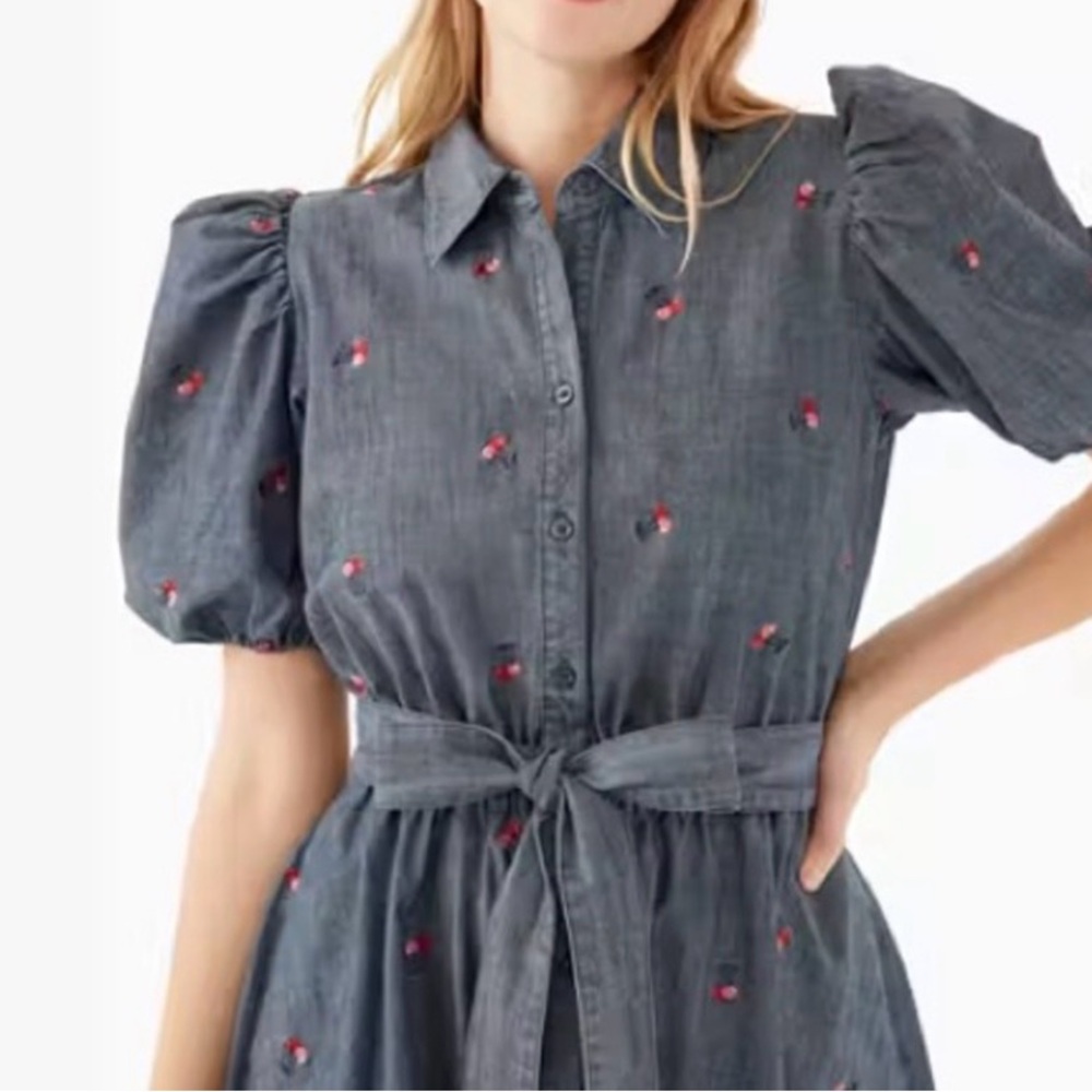 Kate Spade Cherry Embroidered Denim Jean Full Skirt Shirt Dress Size 6
